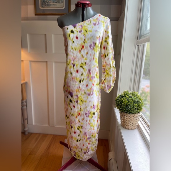 Linen Blend One-Shoulder Multicolor Dress Size Medium - Picture 1 of 8